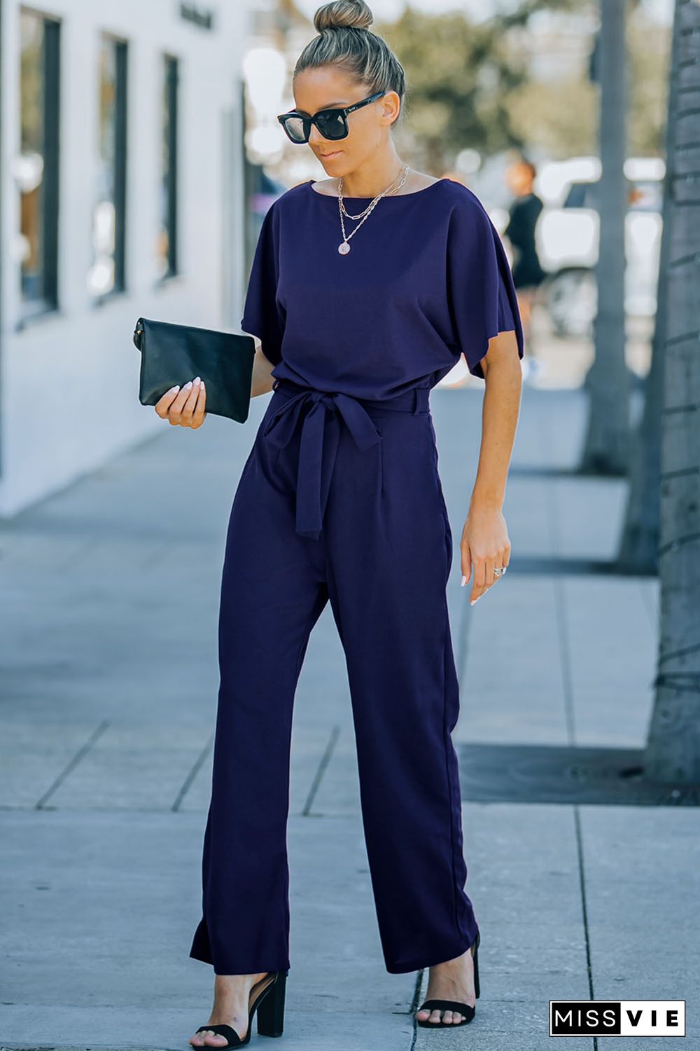 Blue Belted Wide Leg Jumpsuit