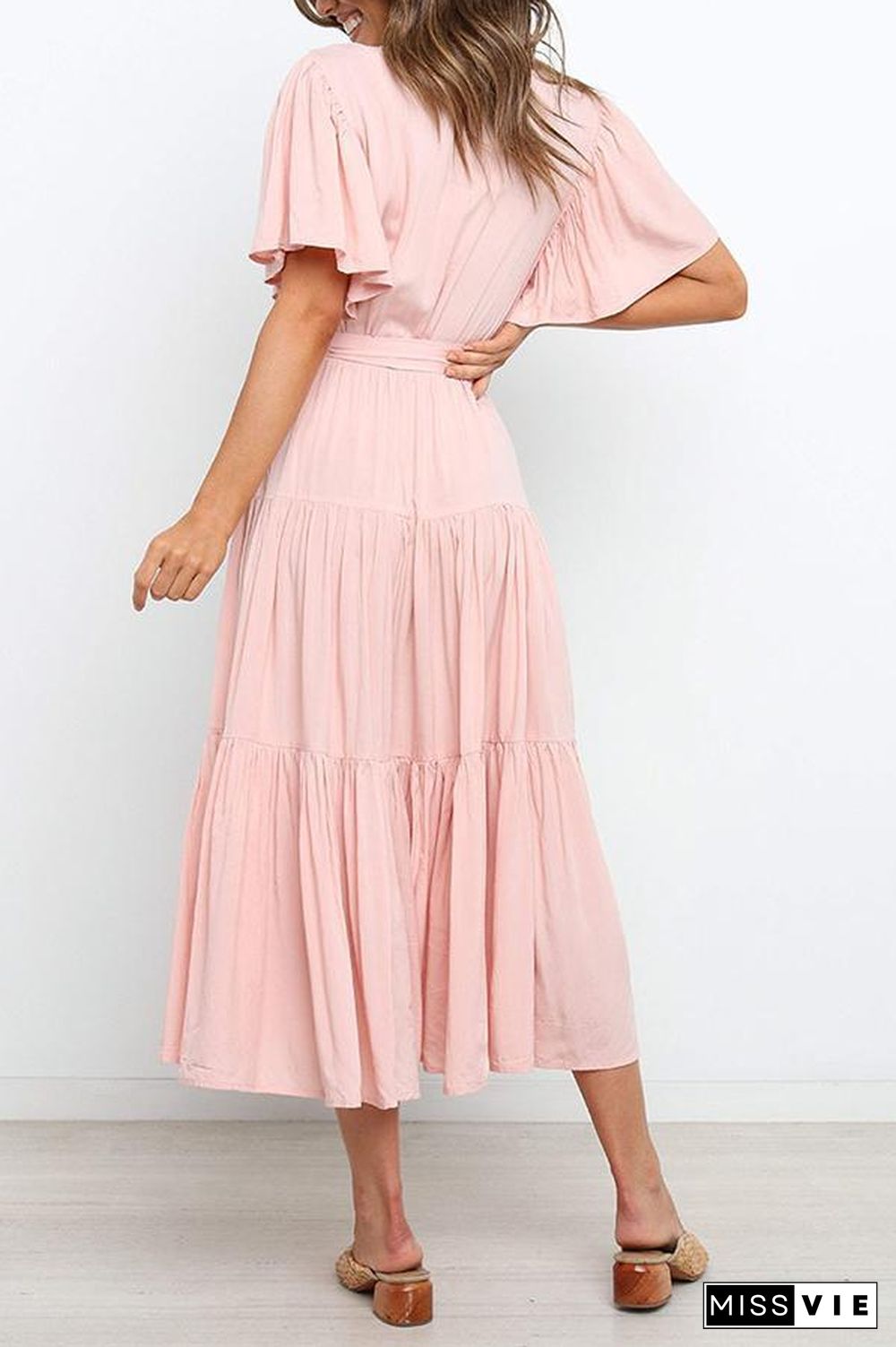 Ruffled Sleeve V-neck Tie Waist Maxi Dress P14492