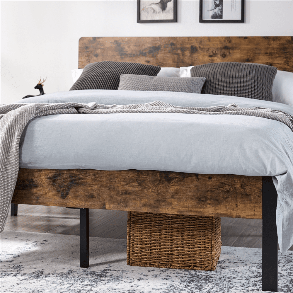 Easyfashion Metal Bed Frame with Wooden Headboard, Rustic Brown, Queen