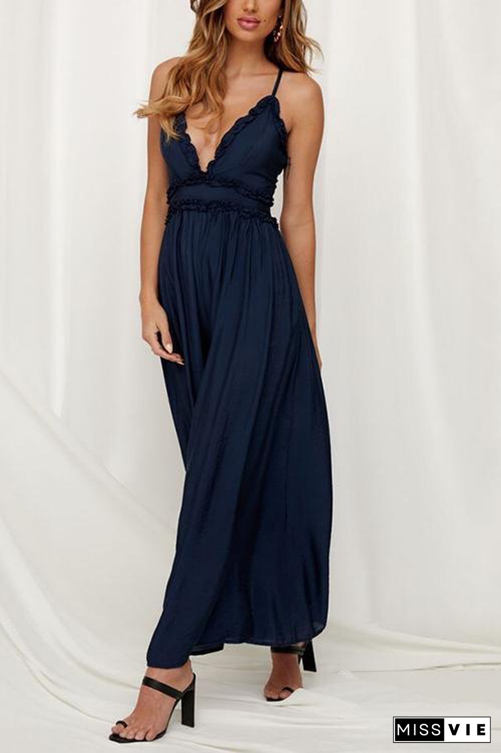 Ruffles V Neck Backless Slip Jumpsuits