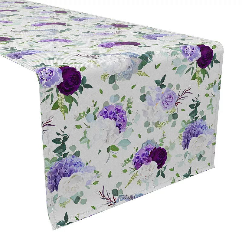 Table Runner， 100% Cotton， 16x90， Purple and White Hydrangeas