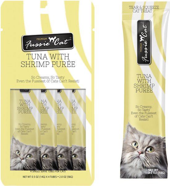 Fussie Cat Tuna with Shrimp Puree Lickable Cat Treats， 0.5-oz pouch， pack of 4