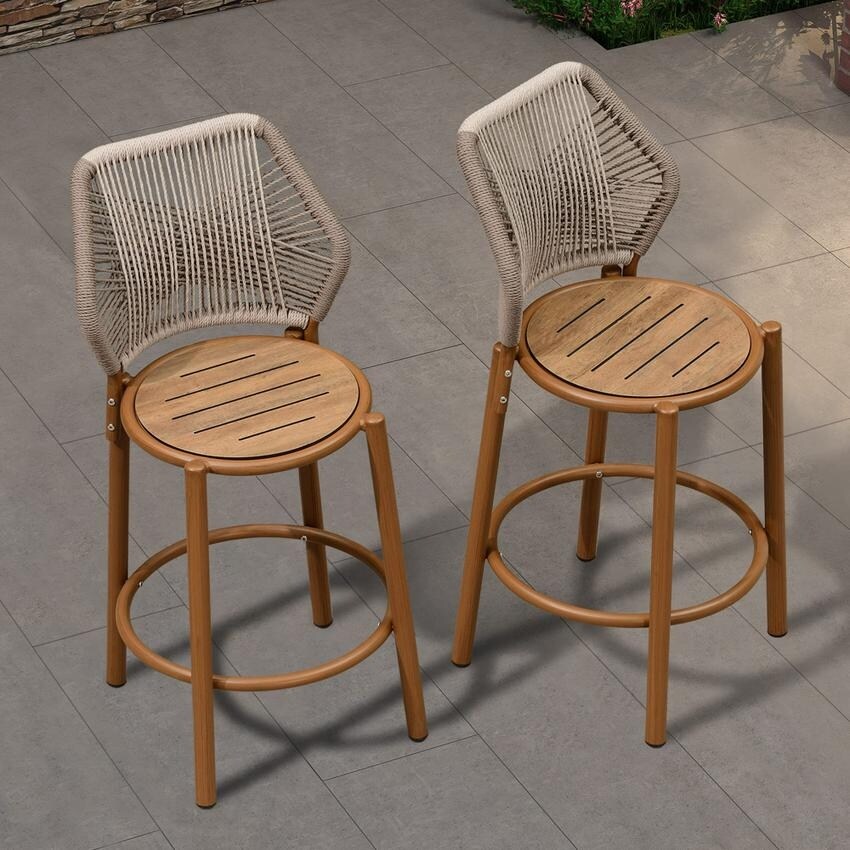 PURPLE LEAF Outdoor Counter Height Stool Rattan Metal Seat for Back Proch Deck Accent Balcony