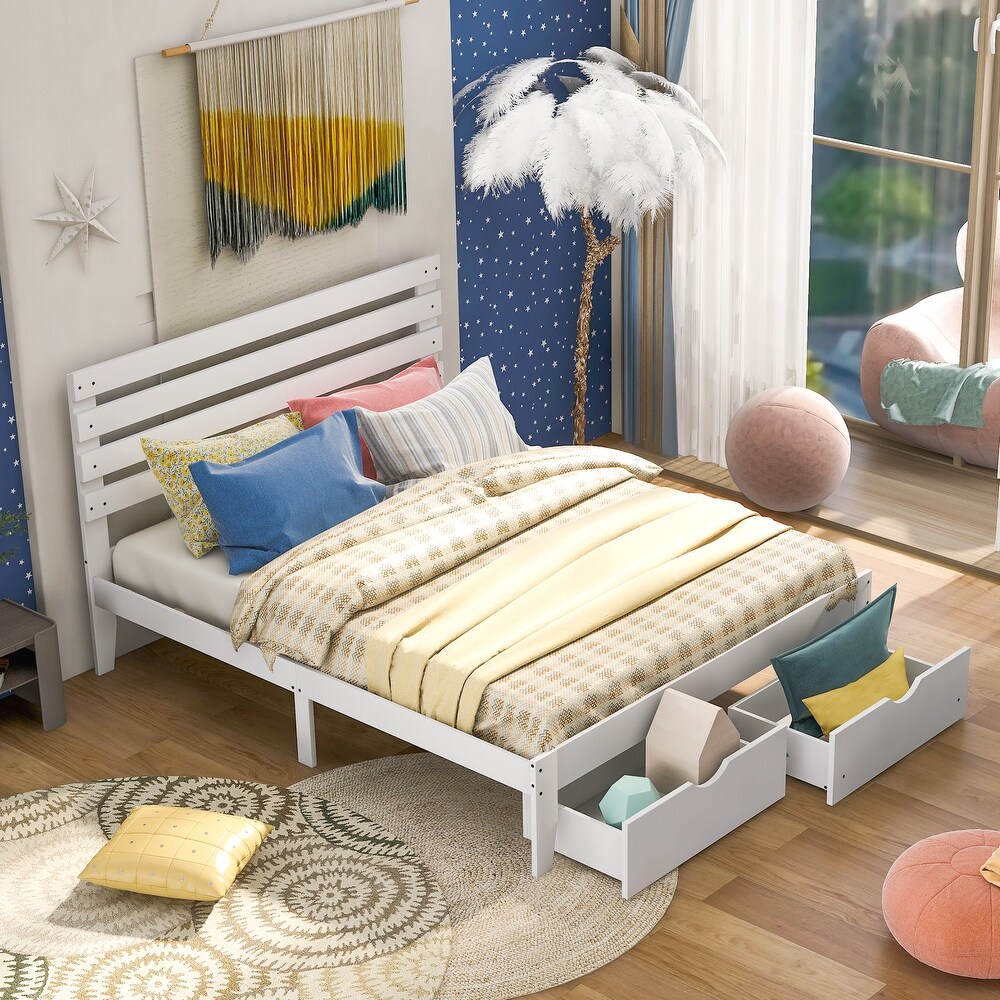 Solid Pine Platform Bed Frame with 2 Storage Drawers   Headboard