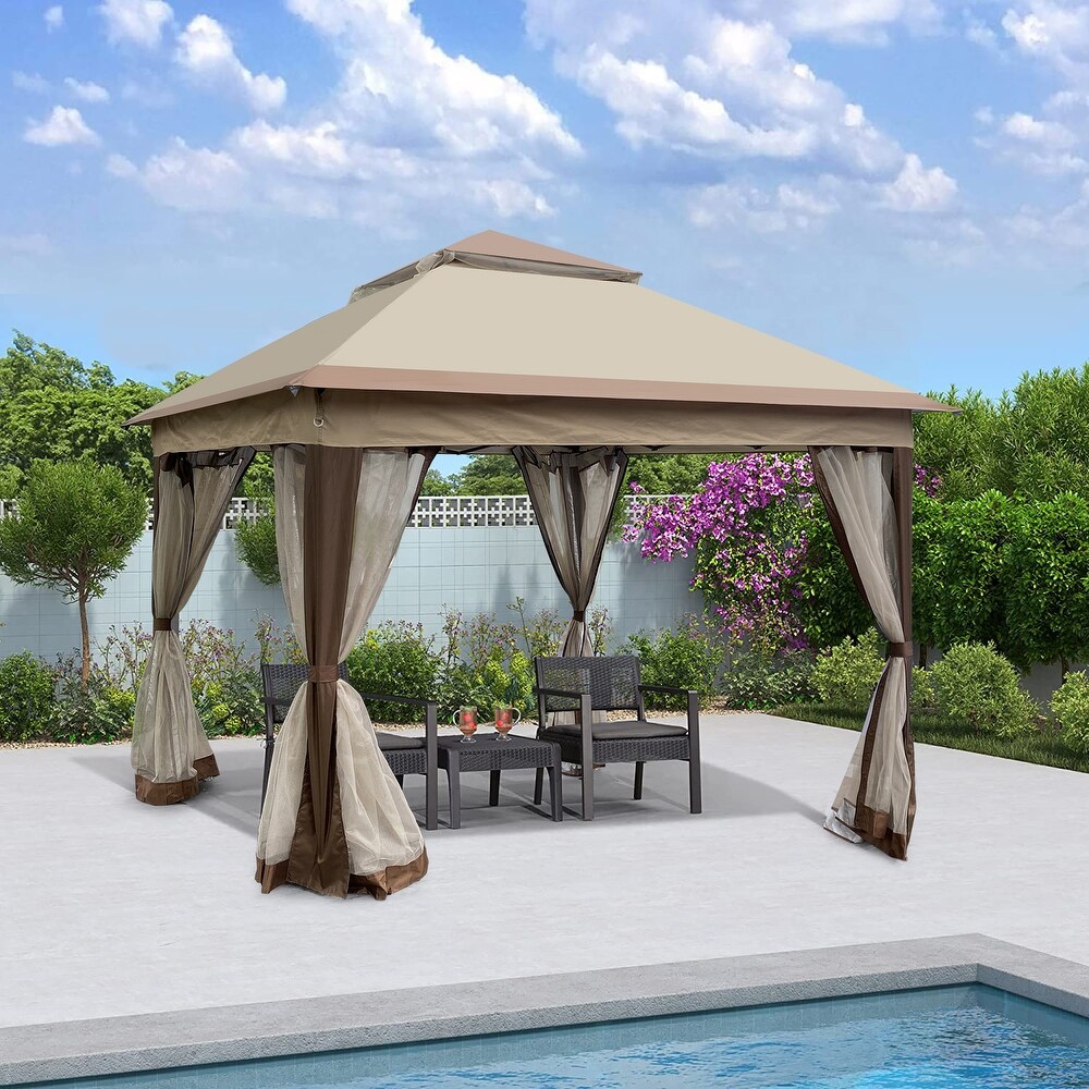 Coffee 11 x 11 ft Pop Up Gazebo with Removable Netting  Sandbags