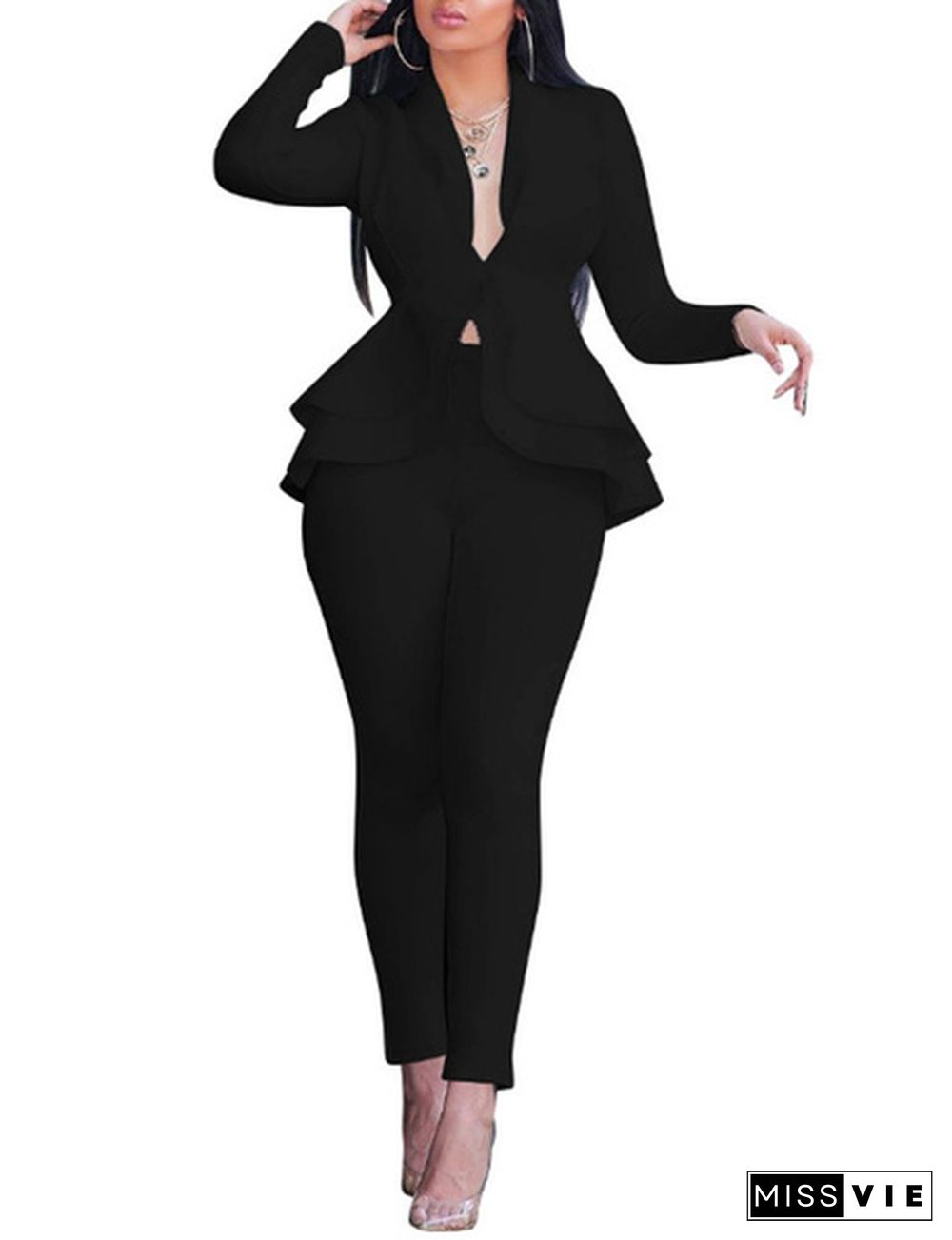 Women's 2 Piece Business Outfit Casual Blazer And Pencil Pant Suits Set