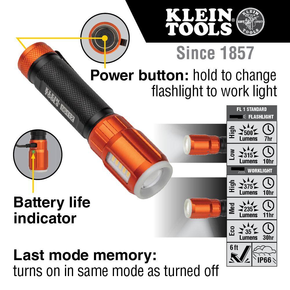 Klein Tools Rechargeable LED Flashlight with Worklight 500 Lumens 5 Modes 56412