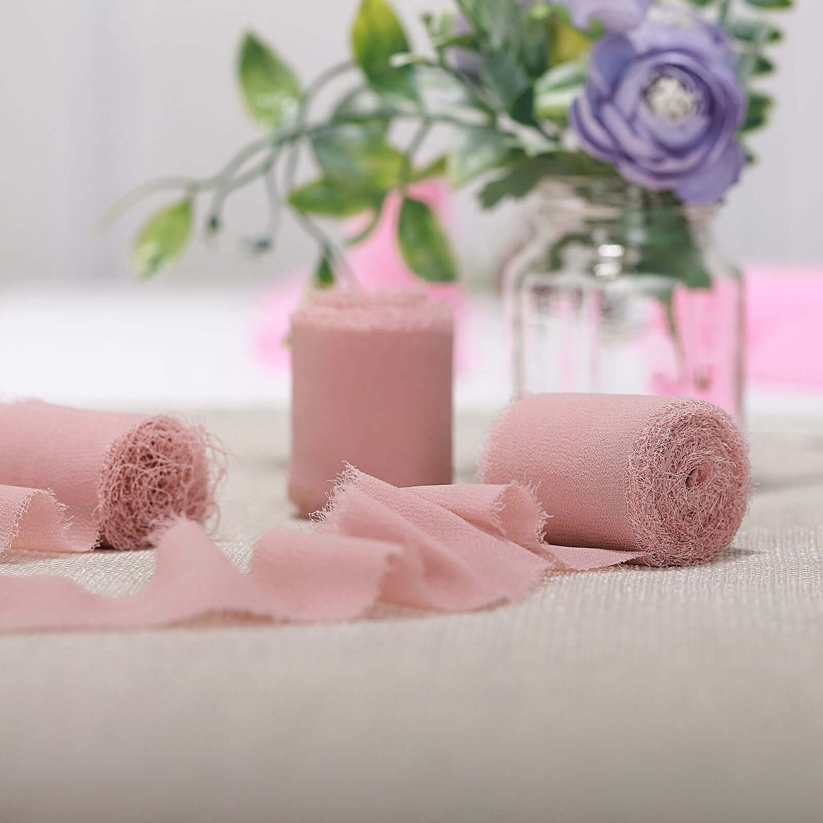 2 Pack Dusty Rose Silk-Like Chiffon Linen Ribbon Roll For Bouquets, Wedding Invitations Gift Wrapping 6yd