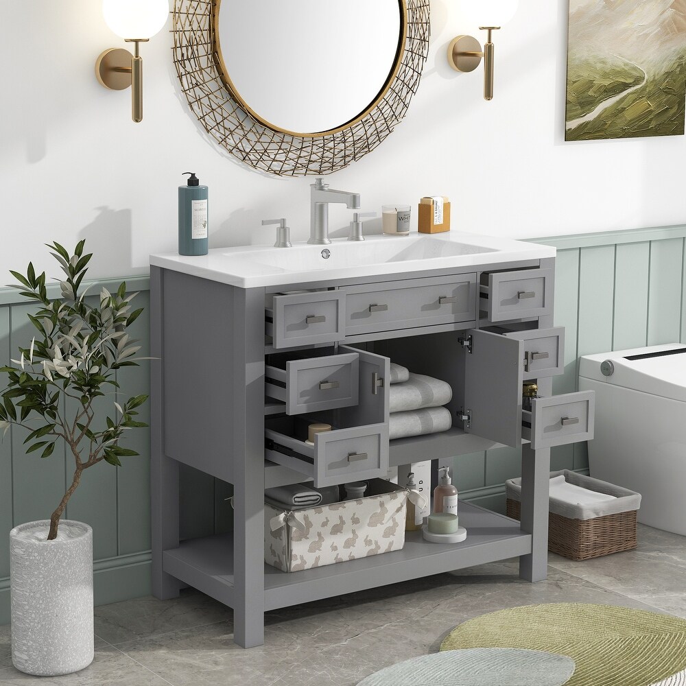 36'' Bathroom Vanity with Top Sink  Modern Bathroom Storage Cabinet with 2 Doors and 6 Drawers  Single Sink Bathroom Vanity