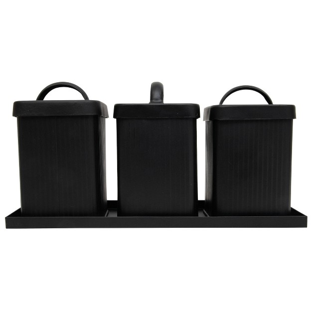 Set Of 3 Black Metal Canisters With Tray Foreside Home amp Garden