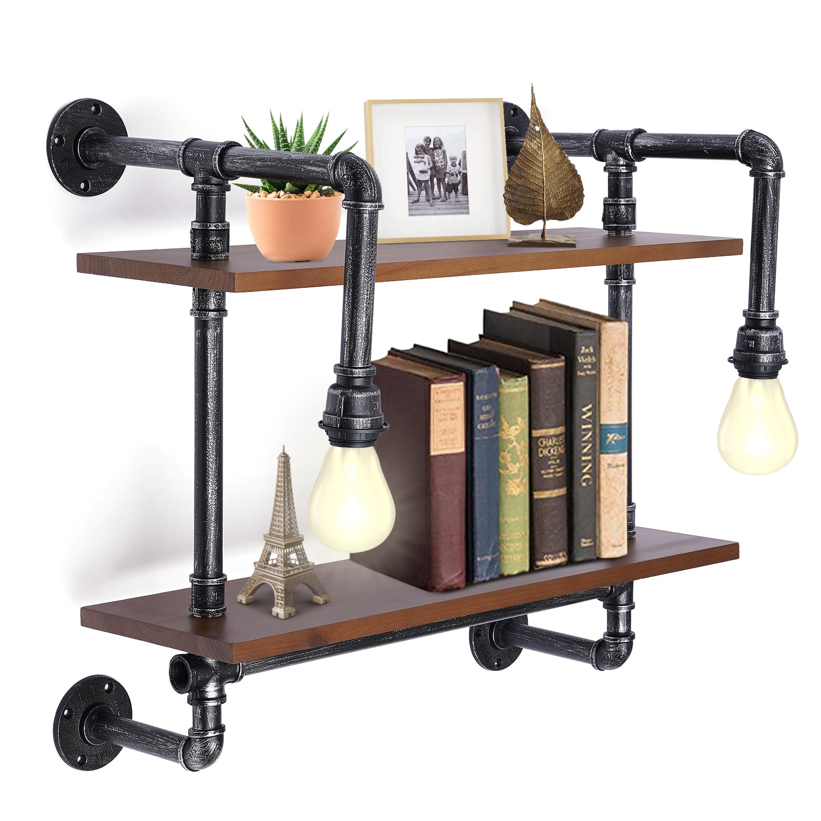 Industrial Rustic Pipe Living Room Wood Shelves with Light Wall Mounted Rustic Steampunk Floating Shelves