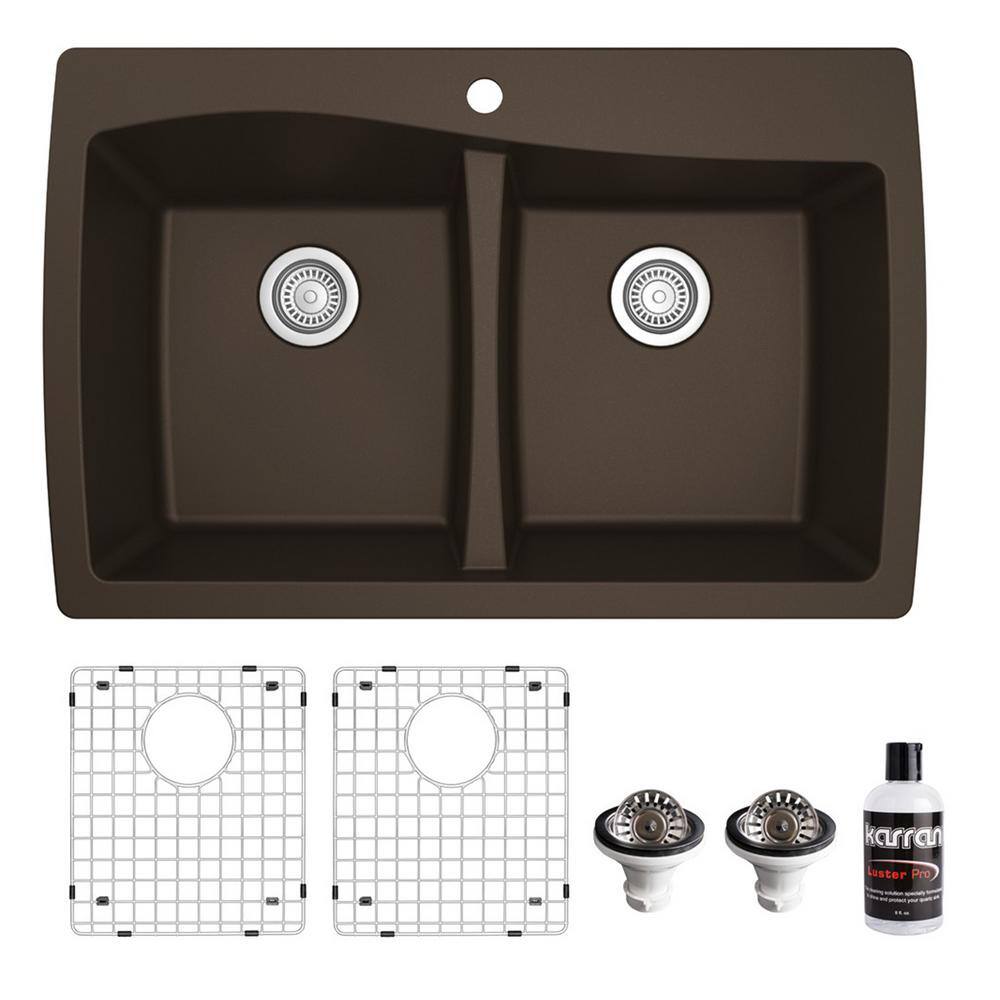 Karran QT-720 QuartzGranite 34 in. Double Bowl 5050 Top Mount Drop-In Kitchen Sink in Brown with Bottom Grid and Strainer QT-720-BR-PK1