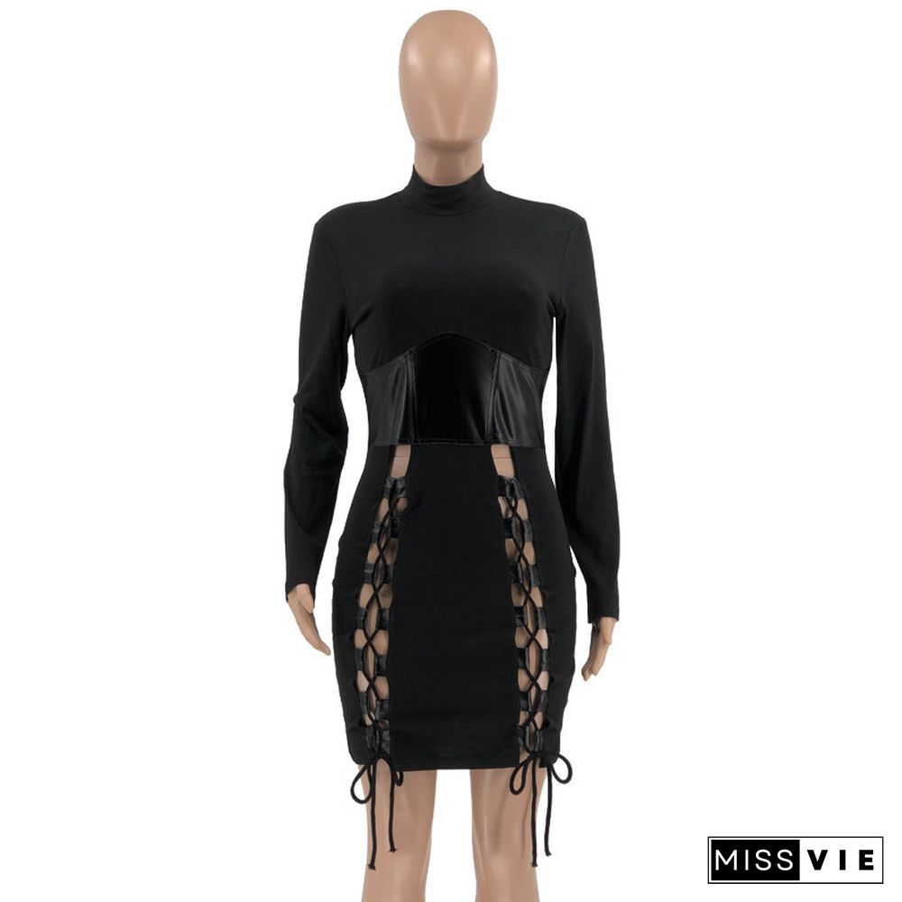 Hollow Out Bandage Long Sleeve Bodycon Mini Dress