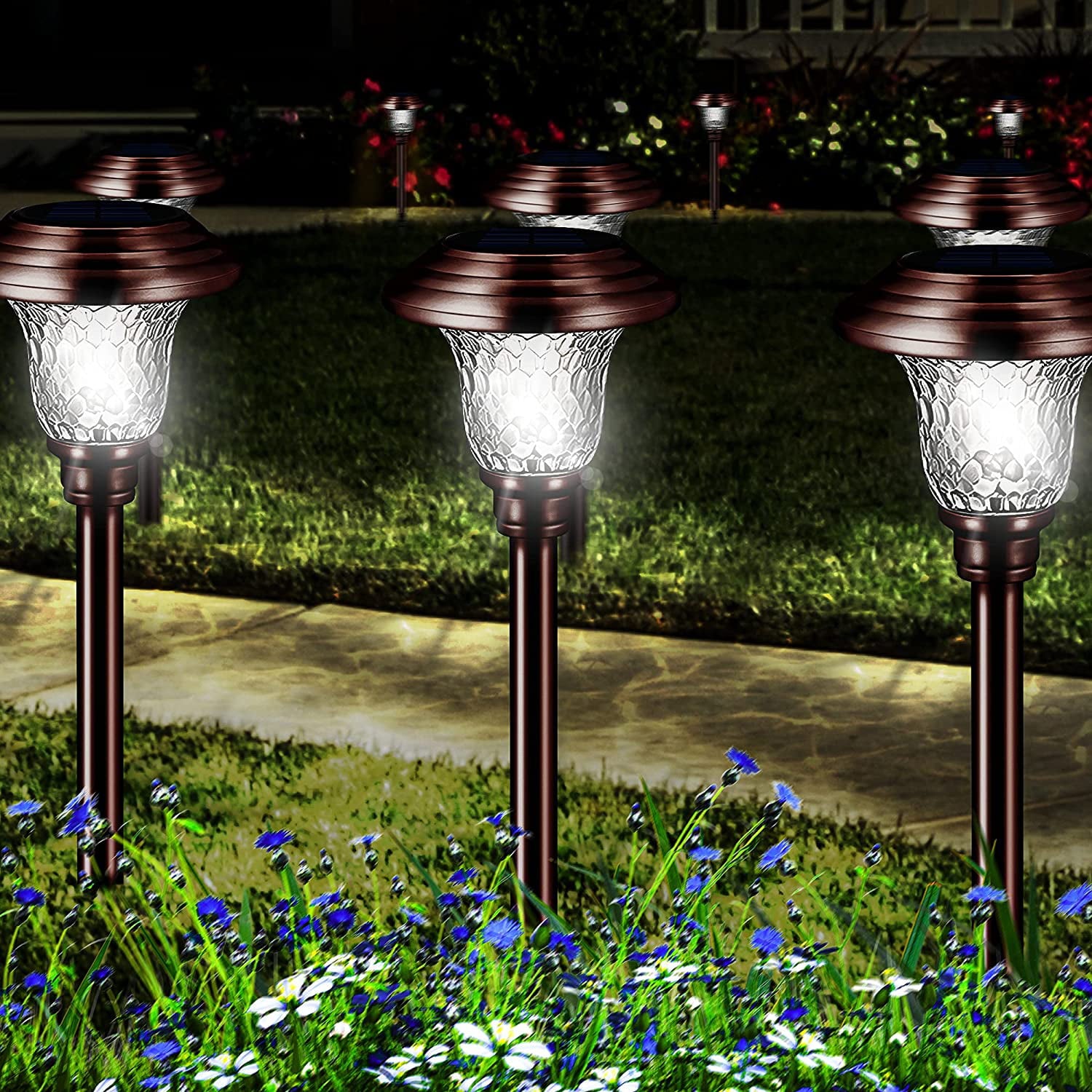 Solar Pathway Lights Outdoor， 4 Pack Decorative Solar Garden Lights Waterproof Glass Stainless Steel Auto-on/off Solar Landscape Lights for Lawn， Patio， Yard， Garden， Pathway， Driveway