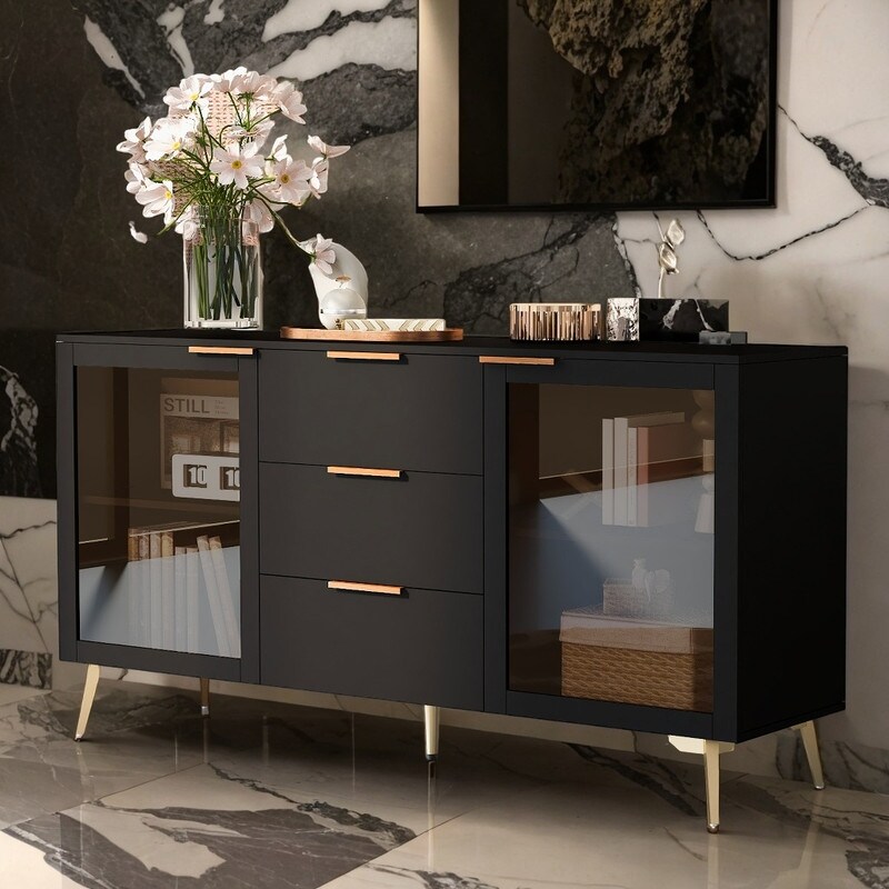 Modern 2 Glass Doors Storage Cabinet with 3 Drawers  Black