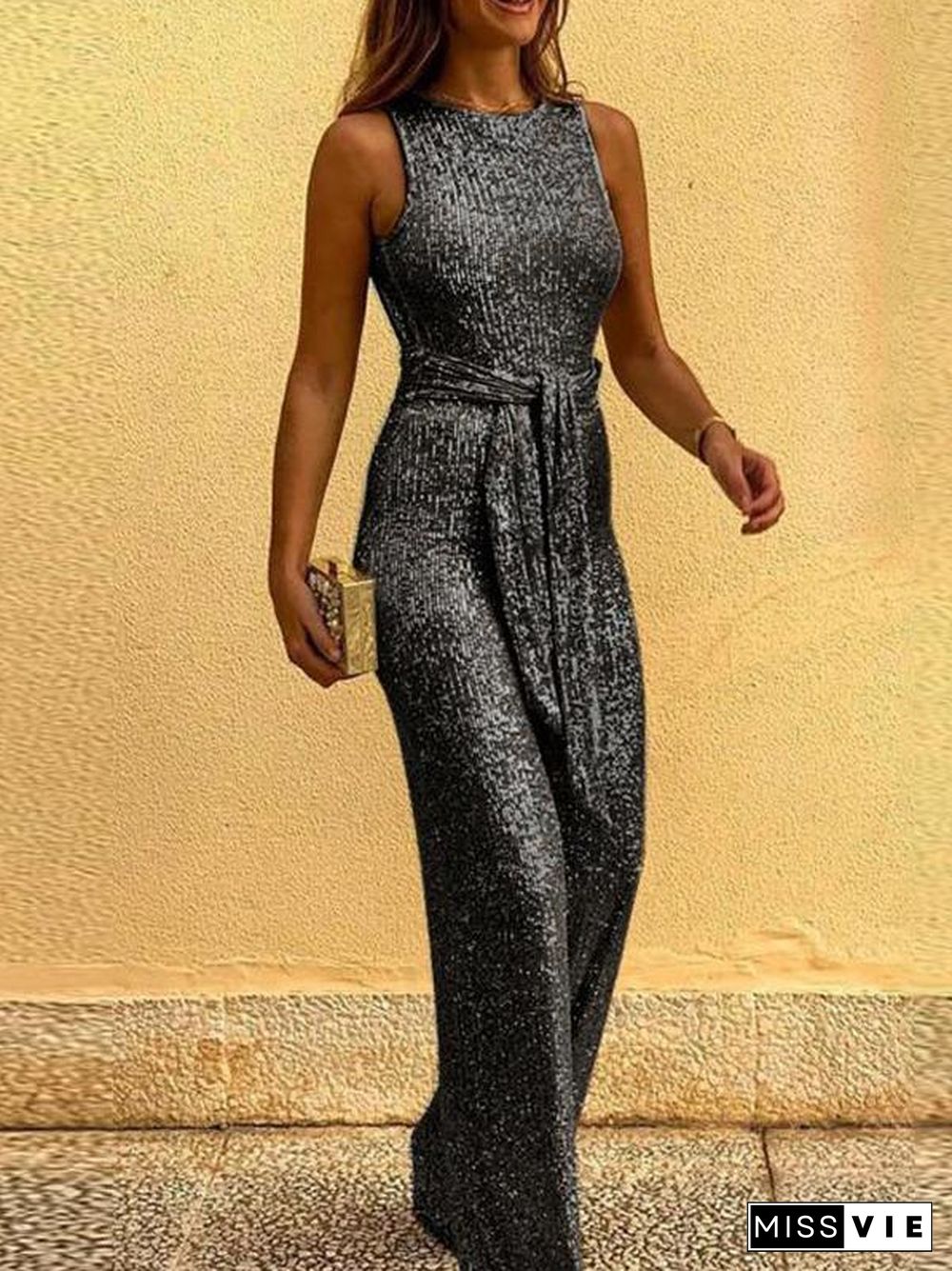 Round Neck Sleeveless Sequin Jumpsuit