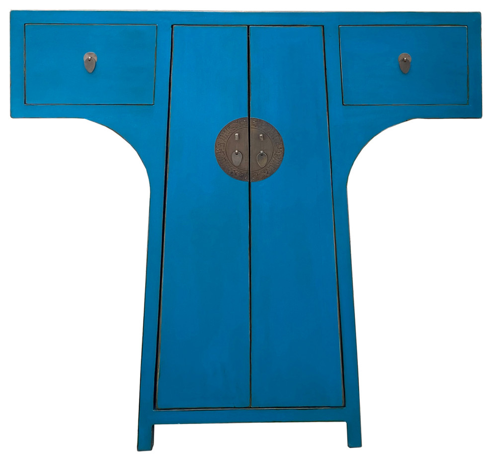 Chinese Moon Face T Shape Benitoite Blue Drawers Side Table Cabinet Hcs7510   Asian   Side Tables And End Tables   by Golden Lotus Antiques  Houzz