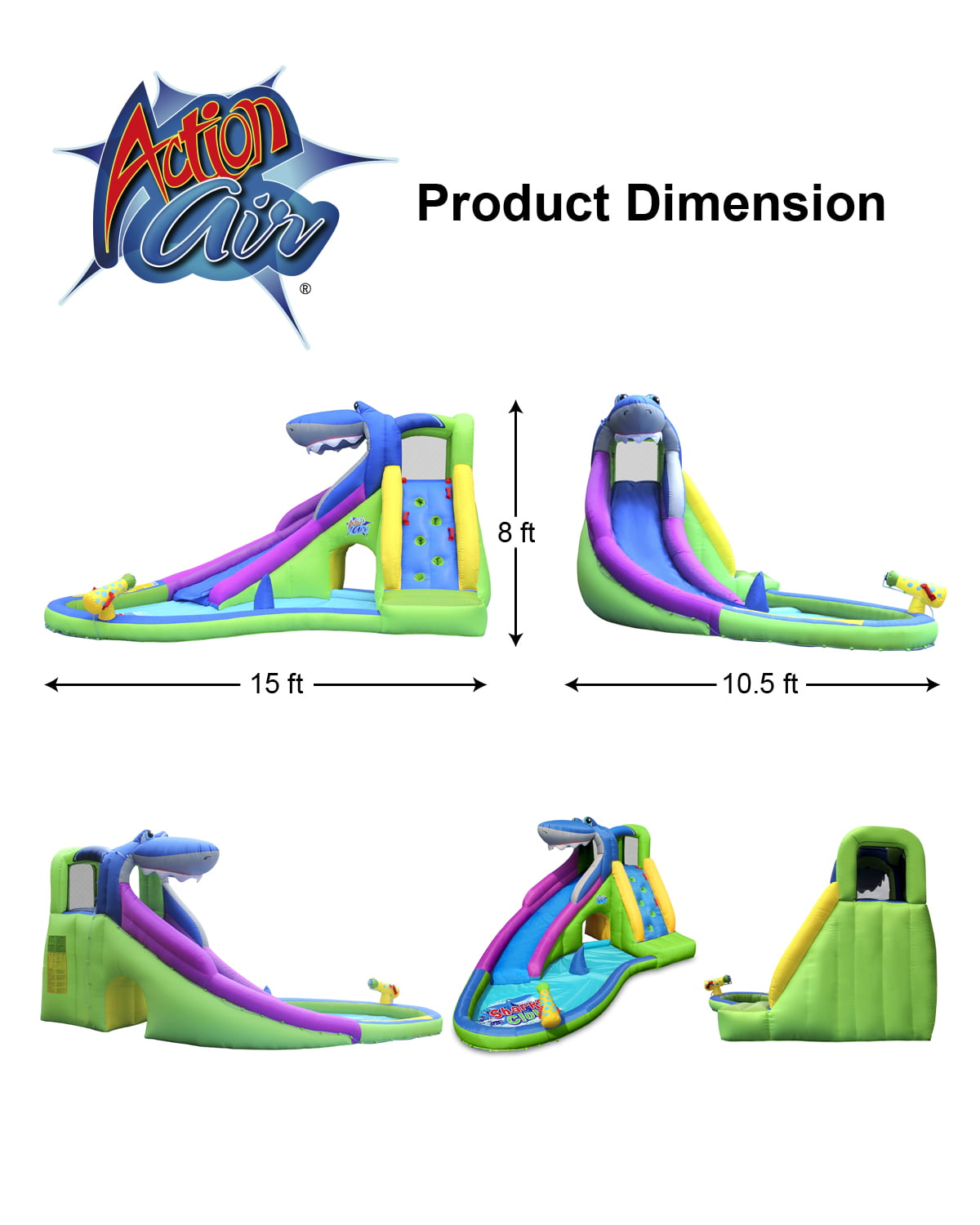 ACTION AIR Inflatable Water Slide, Backyard 15' Bounce House with Water Gun and Splash Pool for Wet and Dry Play, Christmas Gift Idea for Kids