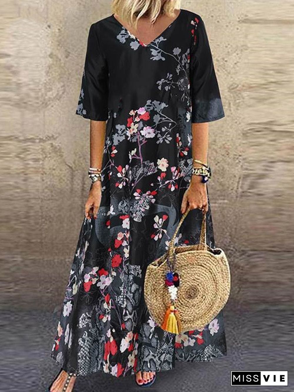 Women's Short Sleeve V-neck Graphic Floral Printed Maxi Dress