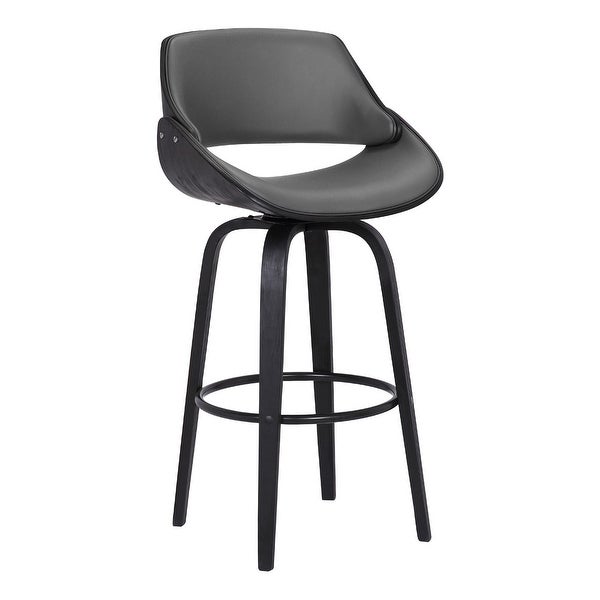 30 Inch Leatherette and Wooden Swivel Barstool， Black and Gray