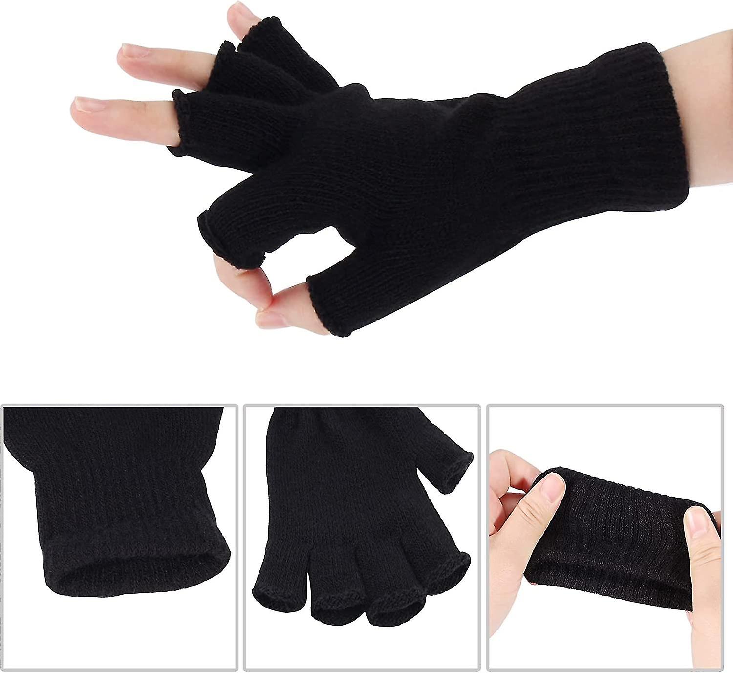 4 Pairs Black Fingerless Gloves For Women Men Unisex Half Finger Gloves Knit