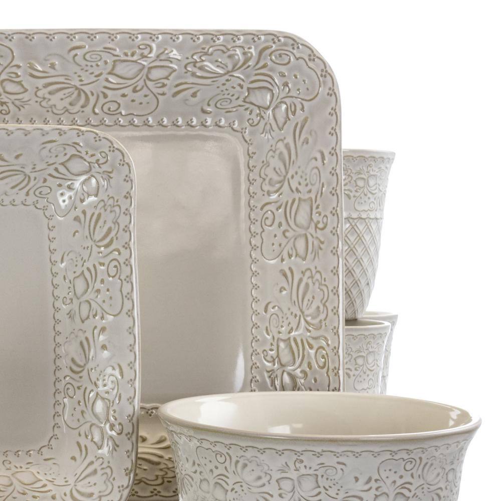 Elama Ivory Lotus 16-Piece Traditional White Stoneware Dinnerware Set (Service for 4) 985112445M