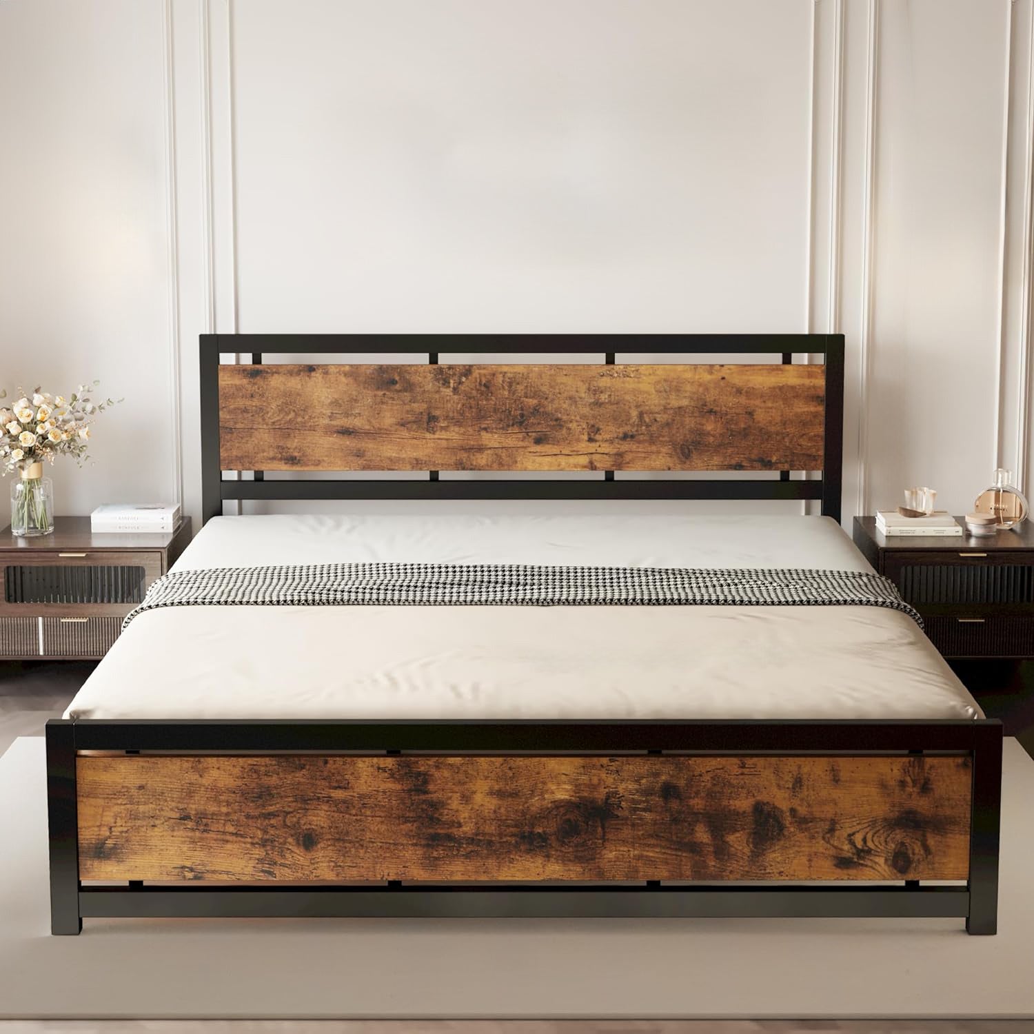 California King Bed Frame with Headboard, Industrial Style, No Box Spring Required