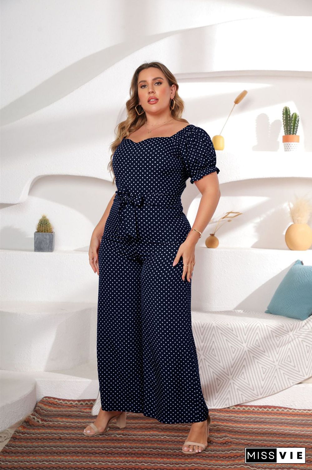 Dot Print Short Sleeve Slash Neck Wide Leg Jumpsuit