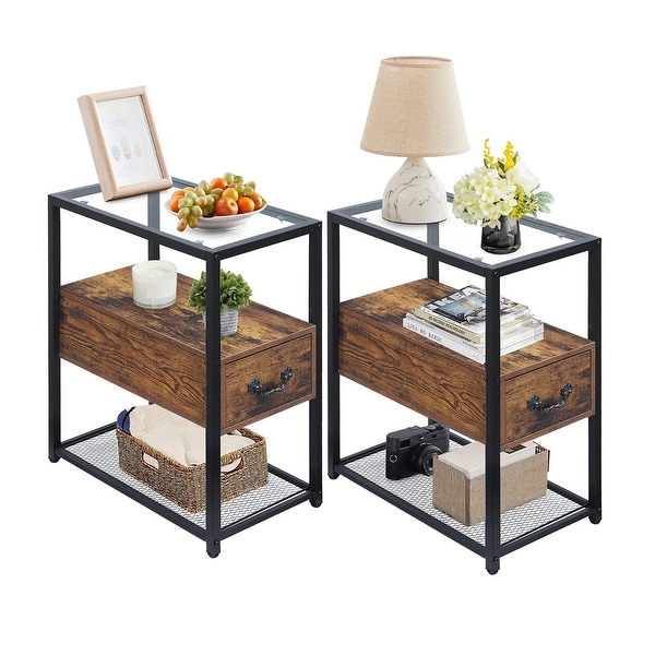 Modern Narrow Tempered Glass End Side Table/Tall Nightstand with Drawer and Shelf (Set of 2 )