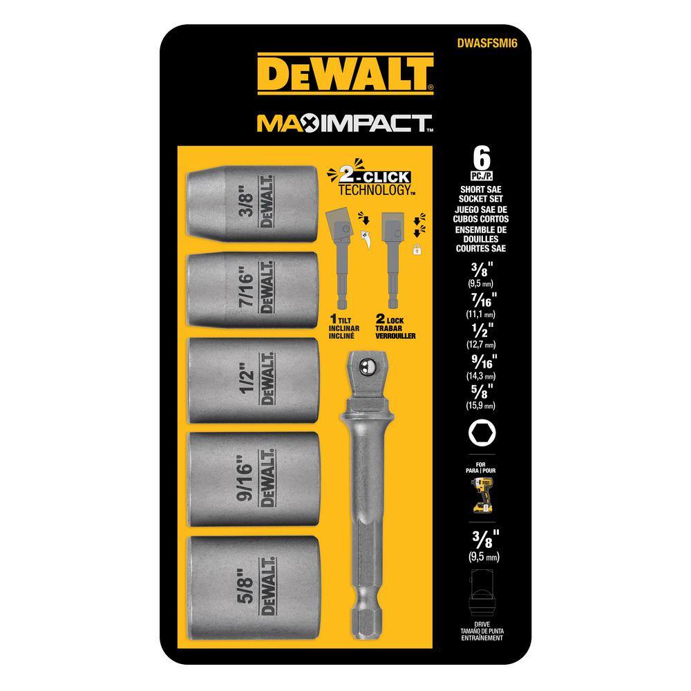 DW MAX Impact 38 in. Carbon Steel Drive Socket Set (6-Piece) with 14 in. Adapter DWASFSMI6