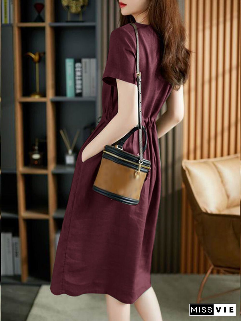 Solid Pocket Drawstring Waist Button Short Sleeve Dress