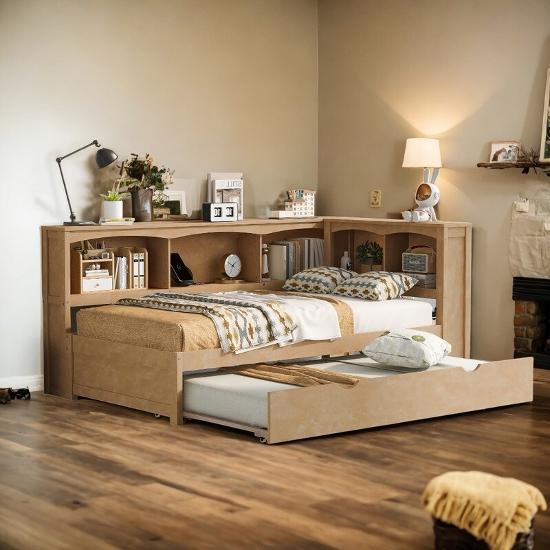 Twin Size Day Bed with Bookcases and Trundle and USB Ports  Wood Color