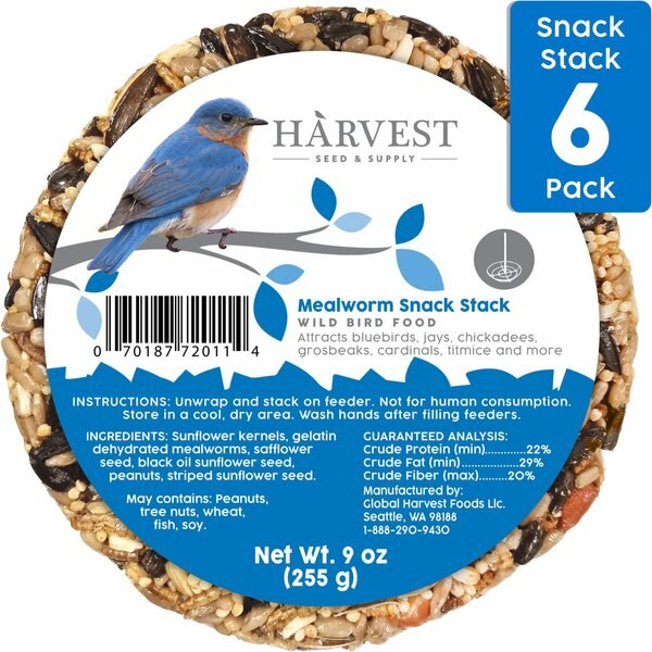 Harvest Seed and Supply Mealworm Snack Stack Wild Bird Food， 9-oz cake， pack of 6