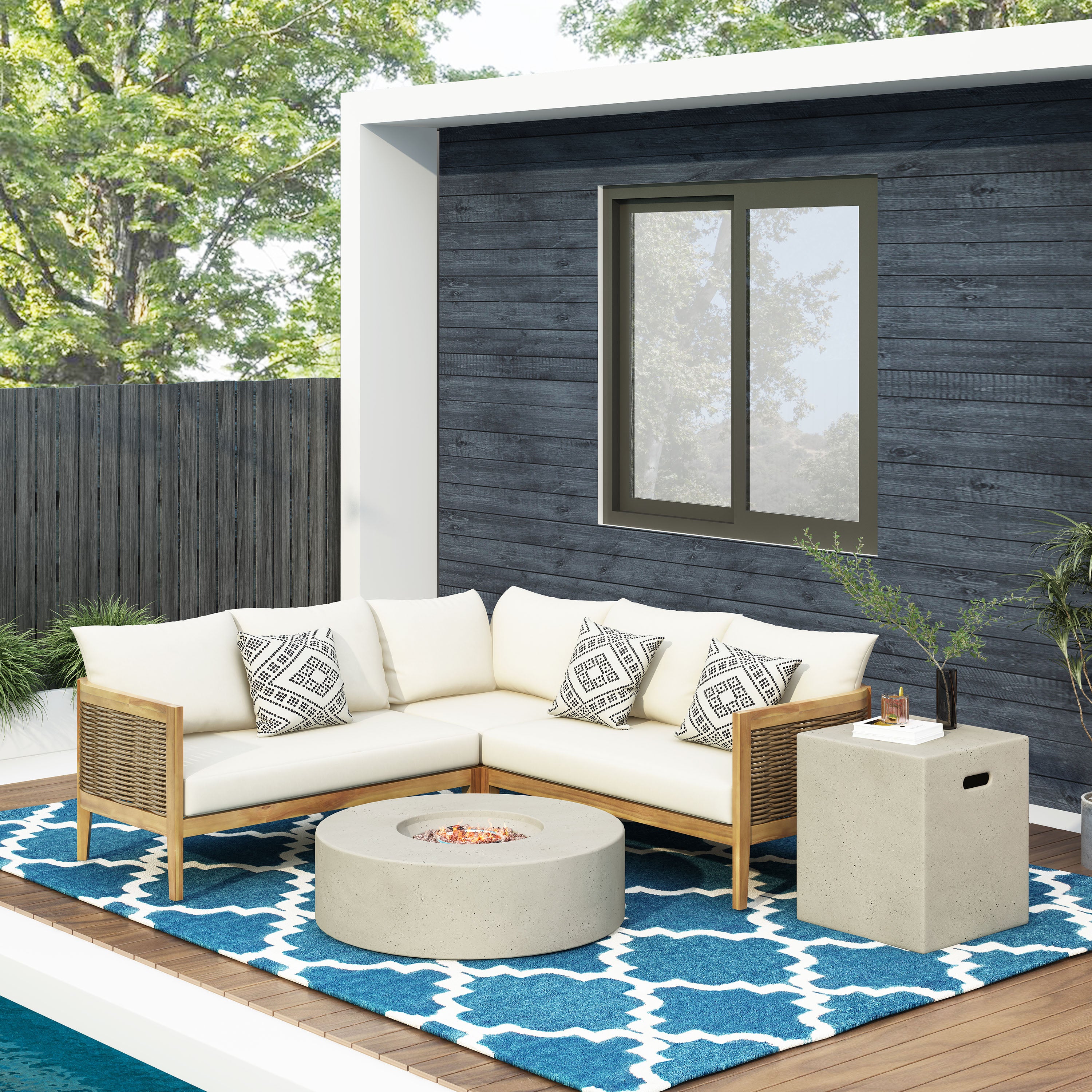 The Crowne Collection Outdoor Acacia Wood and Round Wicker 5 Seater Sectional Sofa Chat Set with Fire Pit