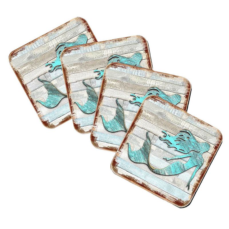 Mermaid Coastal Wooden Cork Coasters Gift Set of 4 by Nature Wonders