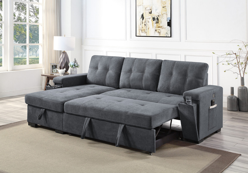 Toby Gray Woven Reversible Sleeper Sectional w/ Storage  Cupholder  USB Port   Transitional   Sleeper Sofas   by Lilola Home  Houzz