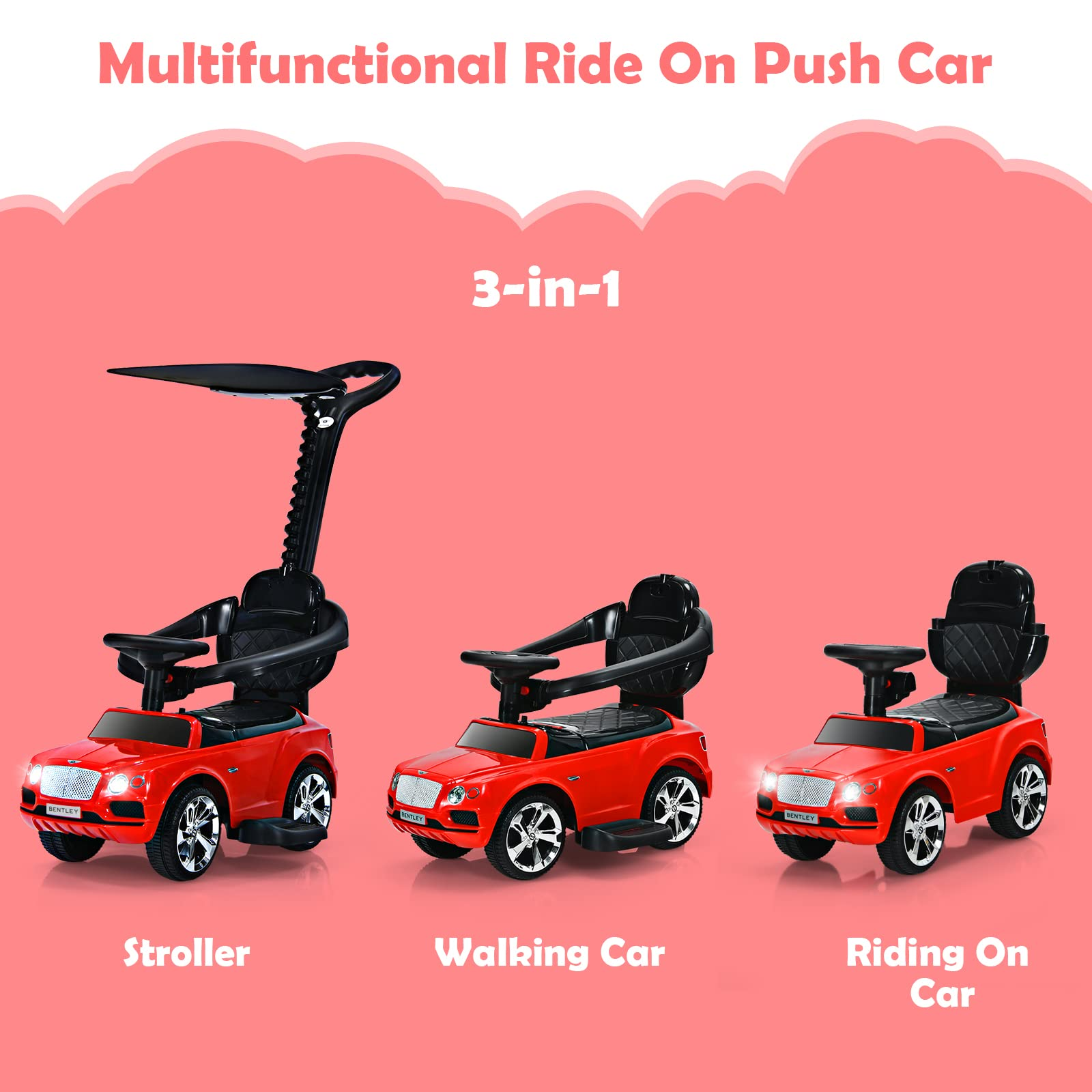 Costzon Push Cars for Toddlers, 3 in 1 Bentley Stroller Sliding Walking Car w/ Canopy