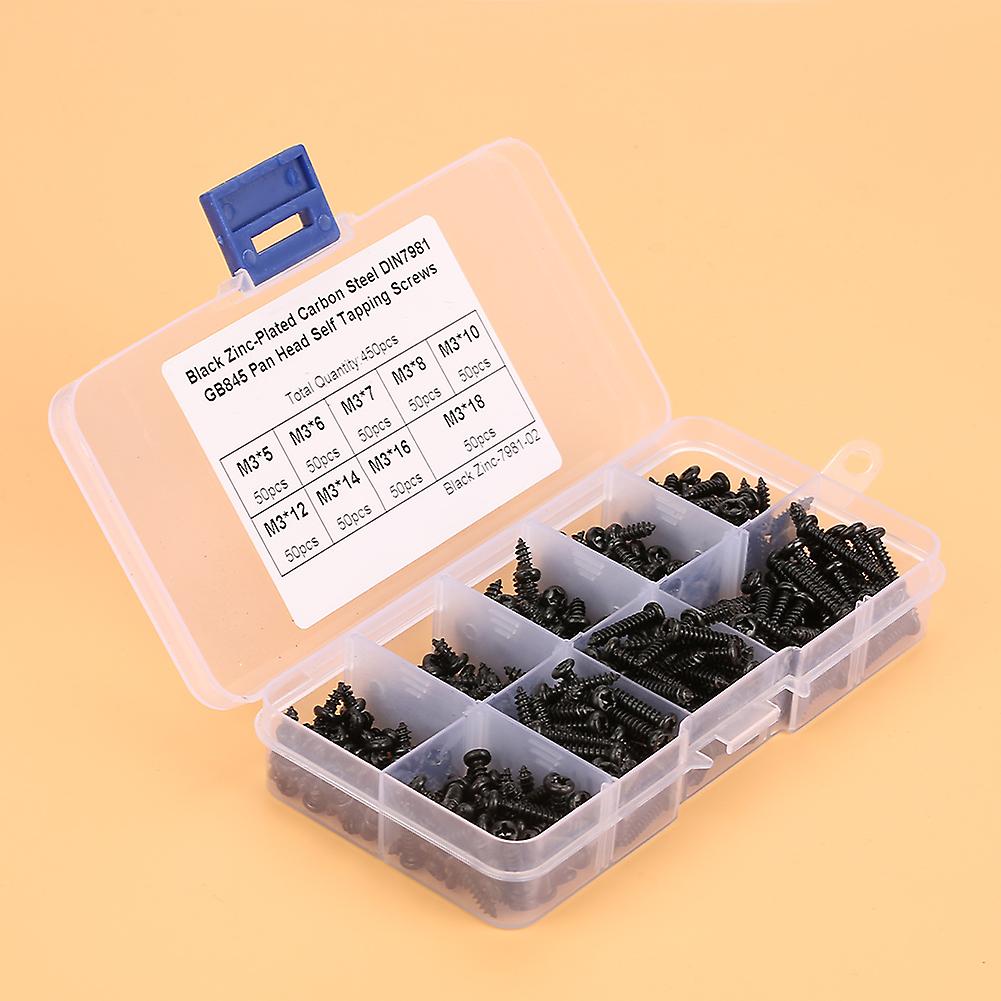 450pcs Black M3 Cross Pan Head Self Tapping Screws Set Assortment Kit