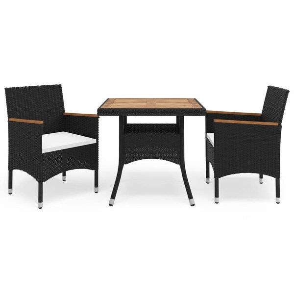 3 Piece Garden Dining Set Black Poly Rattan and Acacia Wood -  - 35105814