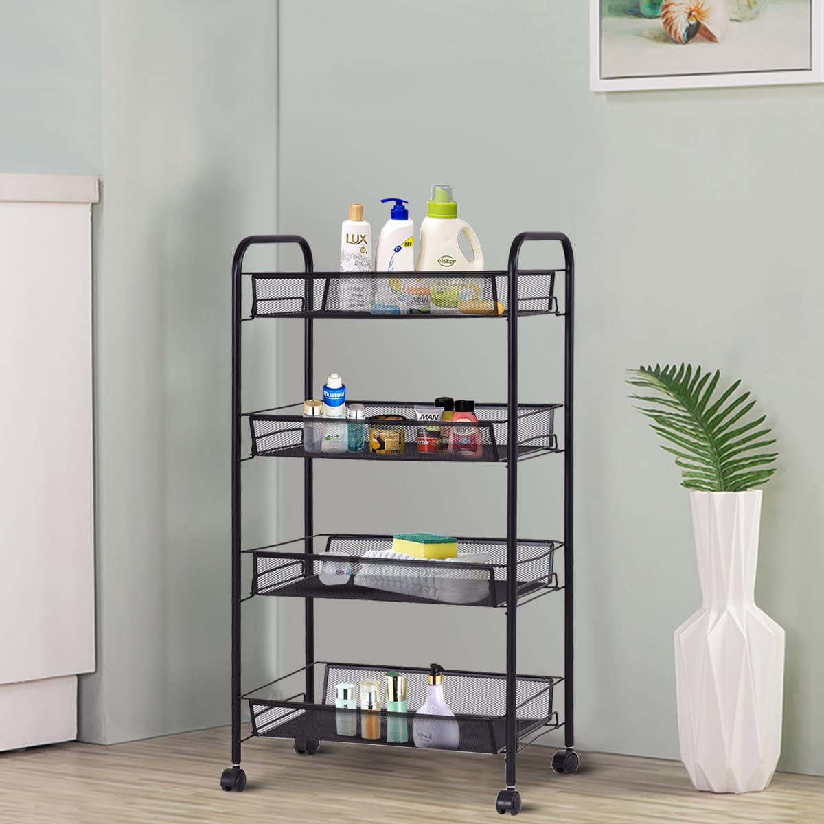 4-Tier Wire Rolling Cart， Space-Saving Removable Storage Cart， Mesh Metal Organization Cart on Wheels， Kitchen Storage Organizer， Standing Shelf Rack Units for Kitchen， Home， Office， Bedroom， K1276