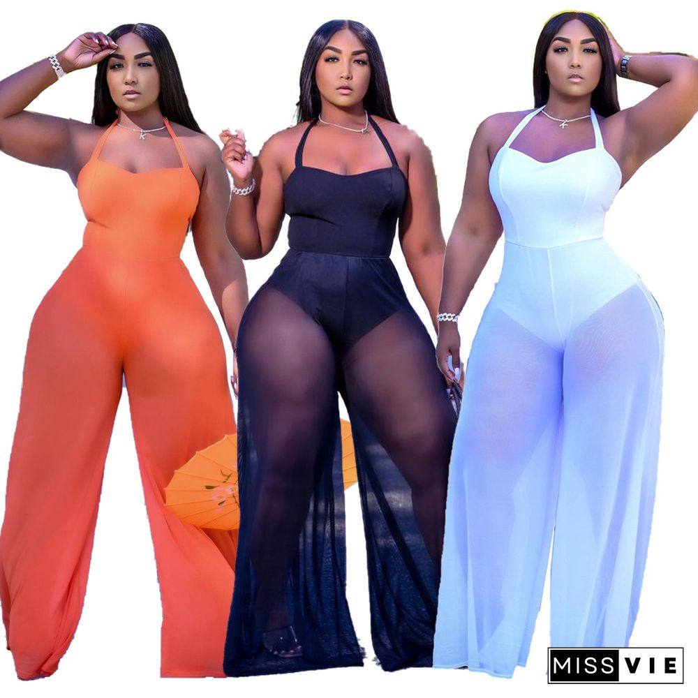 Sexy Solid Color Mesh Splice Sleeveless Wide Leg Jumpsuit