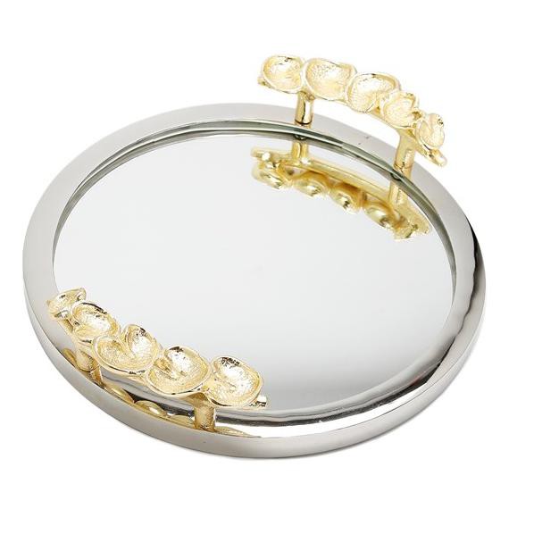 Classic Touch Round Mirror Tray With Silver Border And Gold Leaf Ornament On Handle