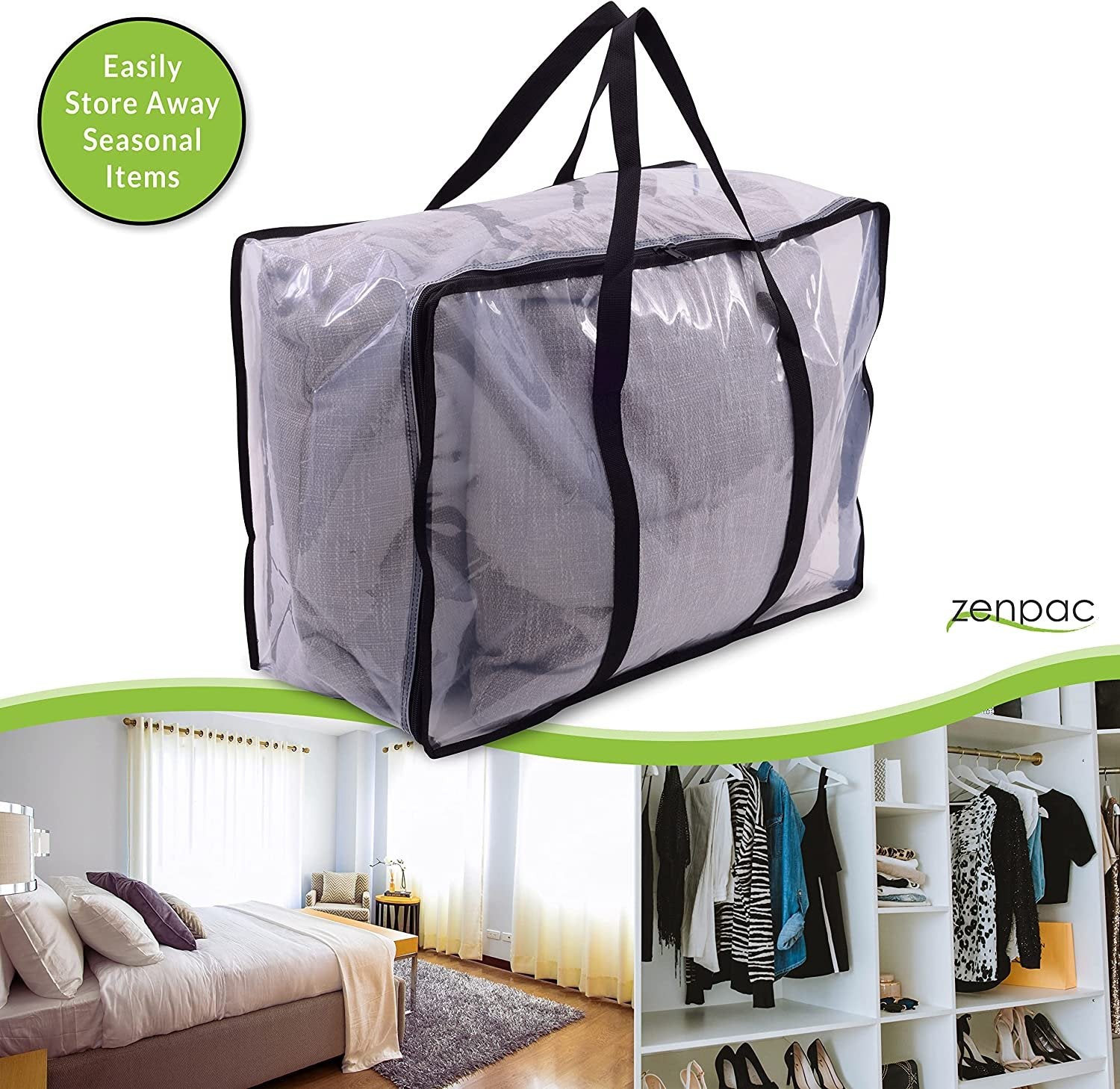 Zenpac- Clear Plastic Blanket Storage Bags with Zipper and Handles, 3 Pack 21.6x10x15.7