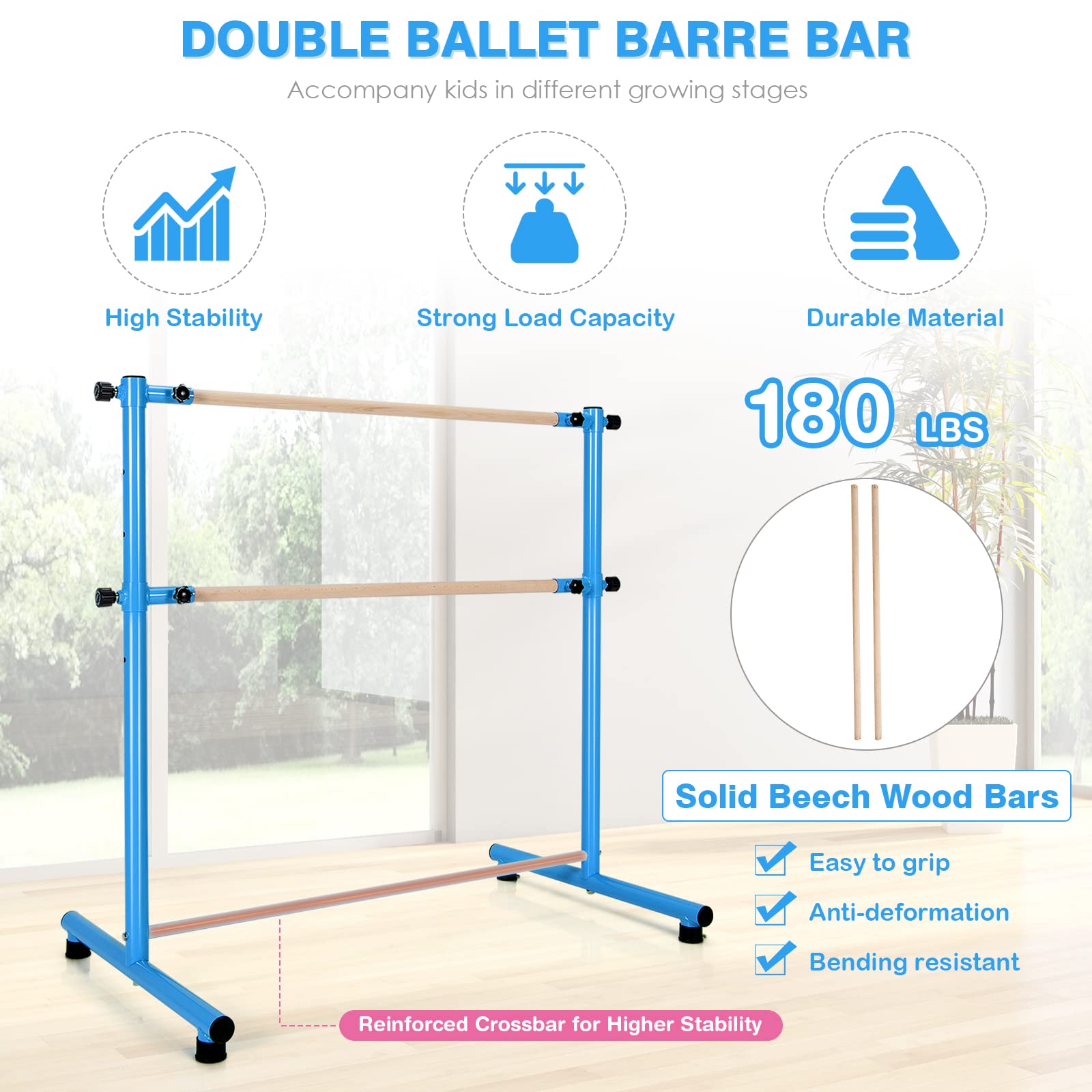 Costzon Portable Ballet Barre, 4FT Height Adjustable Double Wood Bar, Freestanding Fitness Dance Bar