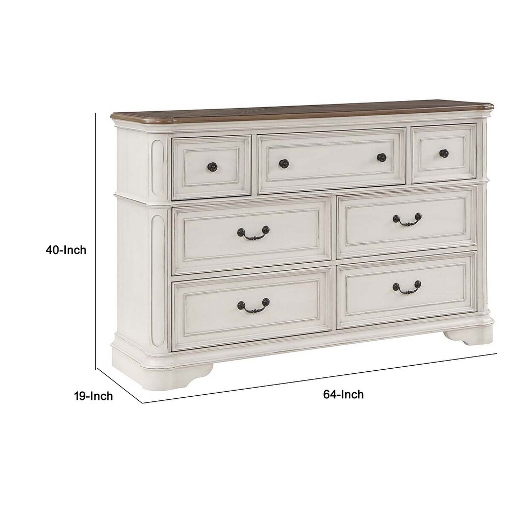 Rigel 64 Inch Transitional Wood Dresser  7 Drawers  Antique White  Brown