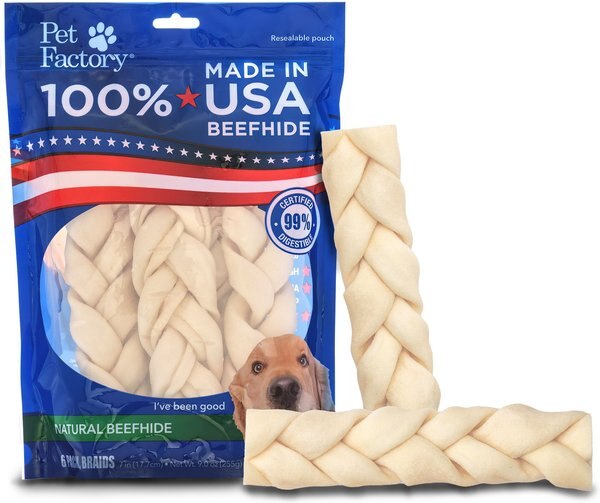 Pet Factory Beefhide 7-inch Braided Sticks Natural Flavored Chewy Dog Treats， 6 count