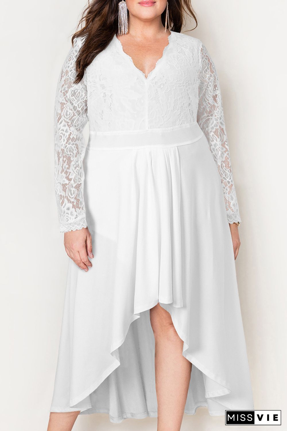 White Plus Size High-Low Lace Contrast Evening Dress