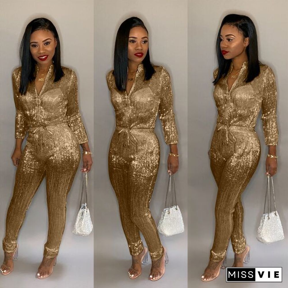 Autumn Women's Glitter Hot Stamping Zipper Long Sleeve Jumpsuit