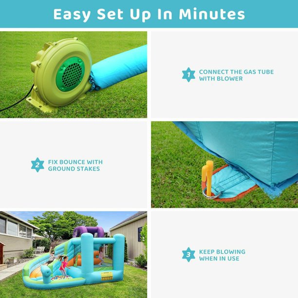 New Inflatable Bounce House, 420D Oxford Cloth PVC Bouncy Castle Blue (Slide/Pool/Trampoline/Water Gun) - Including Blower