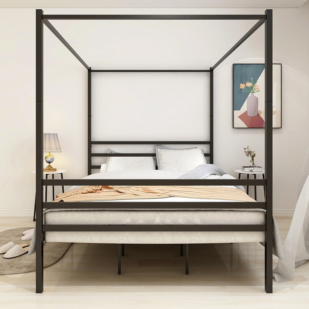 Metal Canopy Bed Frame  Stable and durable metal platform   Queen Black